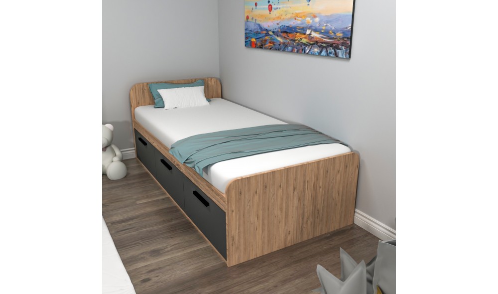 Pat de o persoana, Akser - 90x190 cm, Pinul AtlanticAntracit