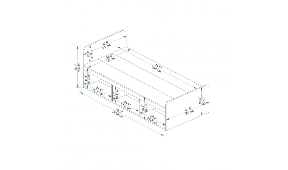 Pat de o persoana, Akser - 90x190 cm, Pinul AtlanticAntracit