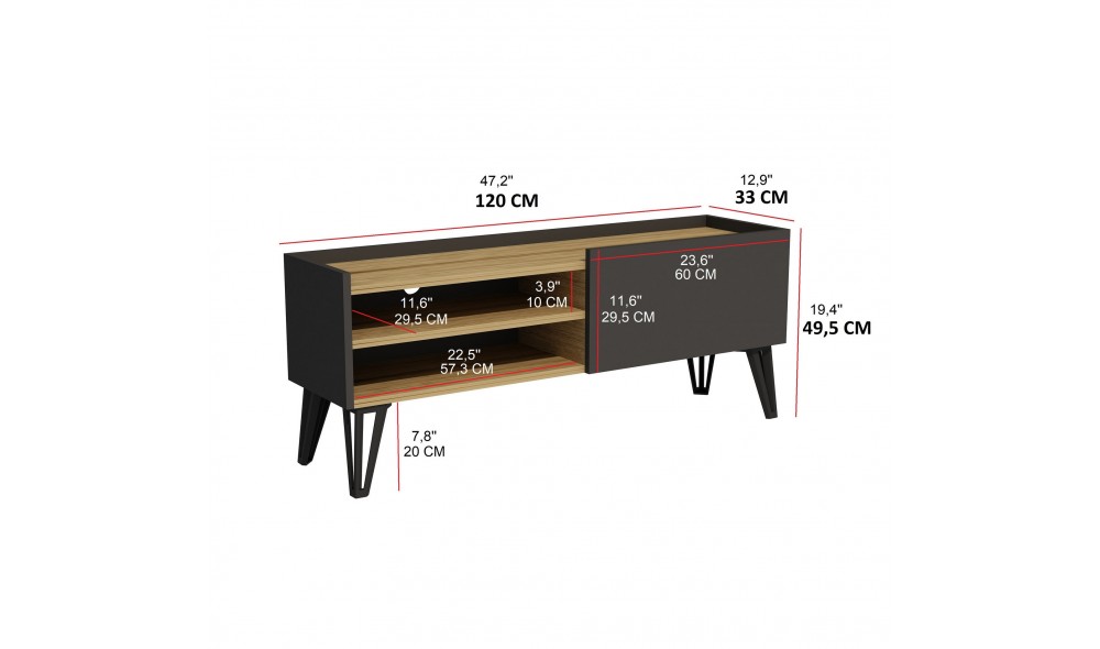 Suport TV, Veronica, StejarAntracit, 120 x 50 x 33 cm