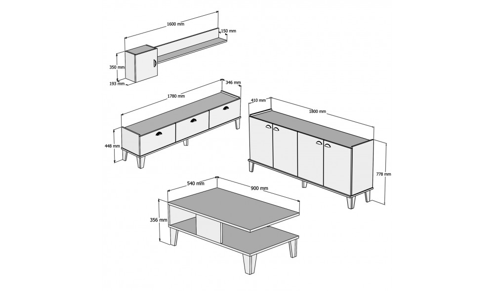 Set Mobila Sufragerie, Sumer 3, StejarAlb, 178 x 45 x 35 cm