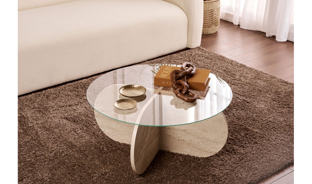 Masuta de cafea, Aeris - Travertine, Transparent, 75 x 35 x 75 cm