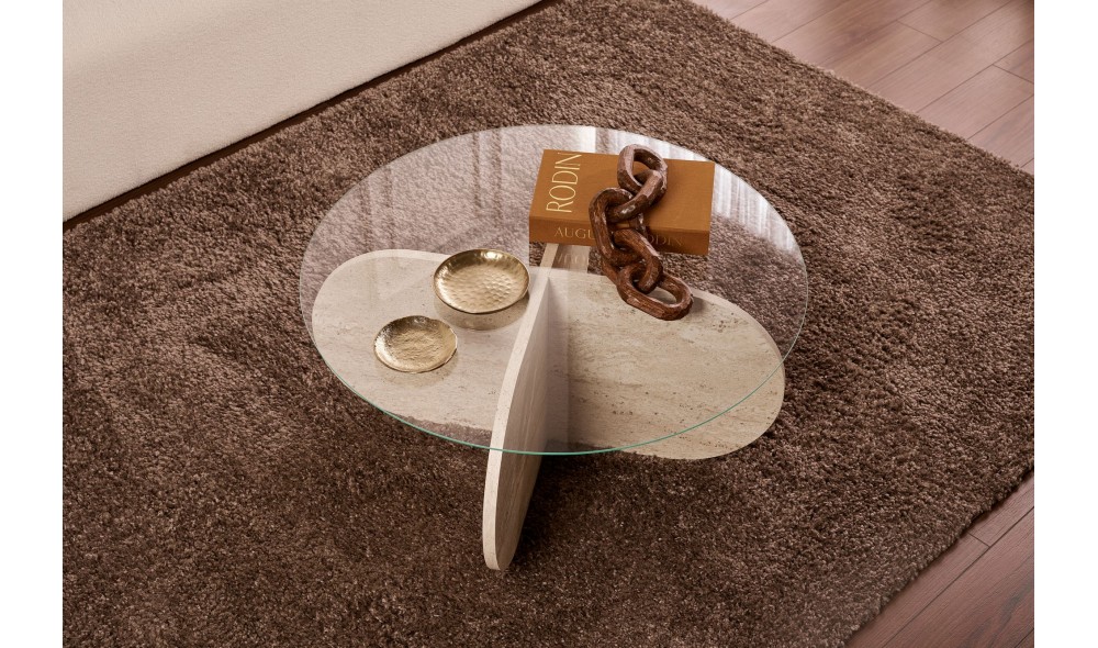 Masuta de cafea, Aeris - Travertine, Transparent, 75 x 35 x 75 cm