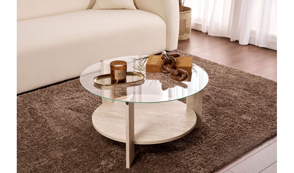 Masuta de cafea, Clara - Travertine, Transparent, 75 x 40 x 75 cm