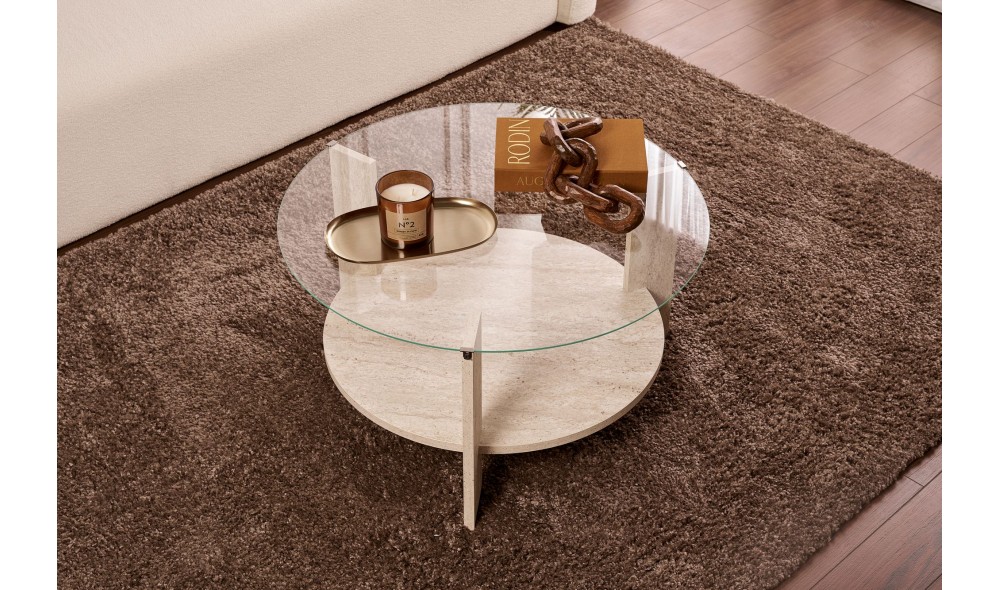 Masuta de cafea, Clara - Travertine, Transparent, 75 x 40 x 75 cm