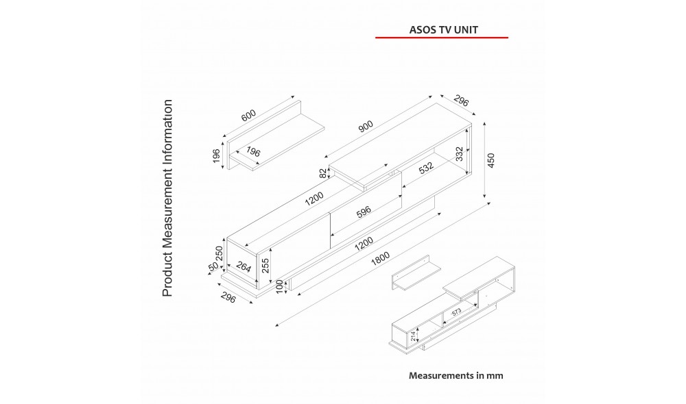 Unitate TV, Asos, AlbNuc, 180 x 45 x 30 cm
