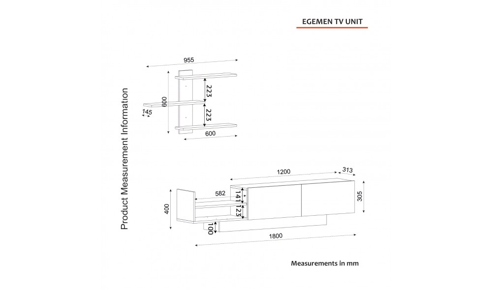 Unitate TV, Egemen, Alb, 180 x 40 x 32 cm