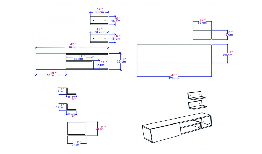 Unitate TV, Zeplin, Alb, 120 x 29 x 30 cm