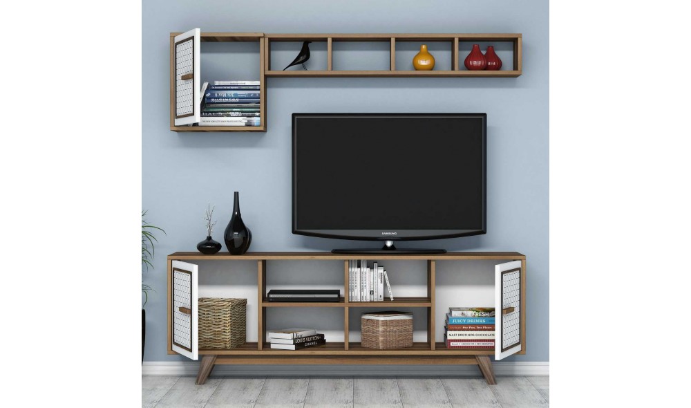 Unitate TV Ayla - Nuc, Alb 160 x 56 x 35 cm