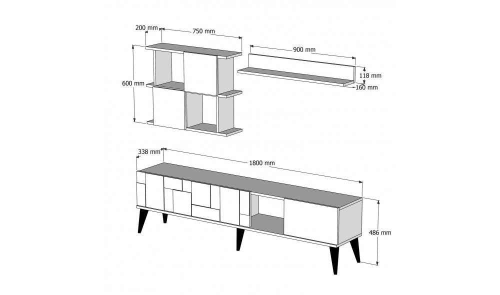 Unitate TV Madrid - Negru 180 x 48 x 33 cm