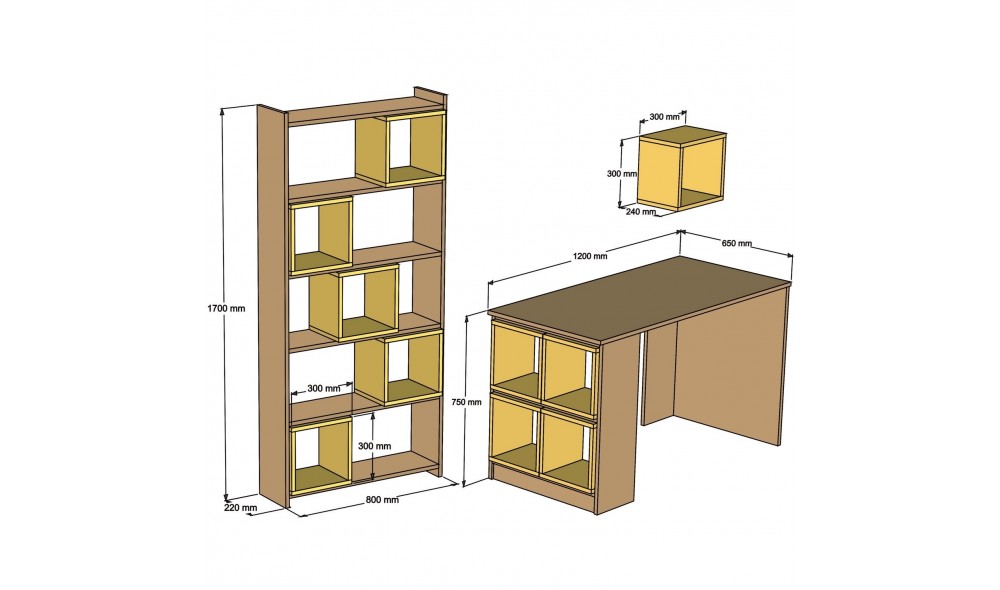 Birou de studiu și raft Cutie - Nuc, Galben