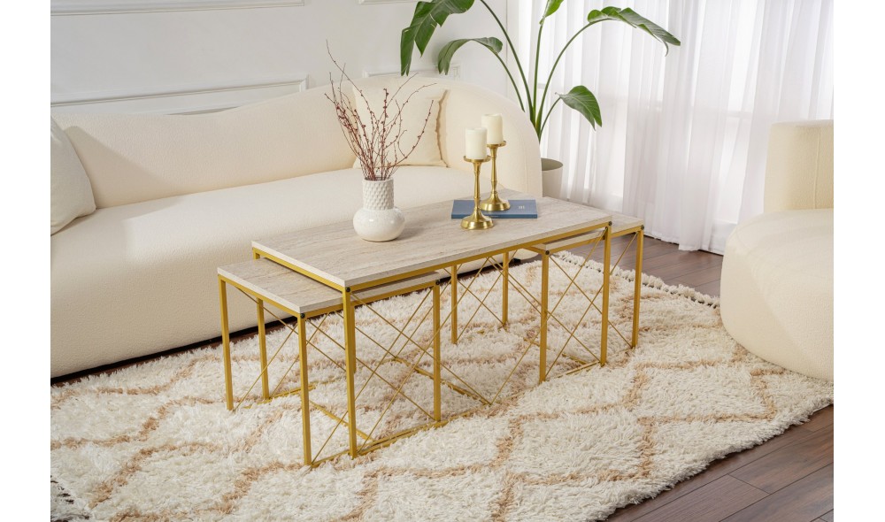 Set masuta de cafea, Defne, Travertin Aur, 100 x 52 x 50 cm