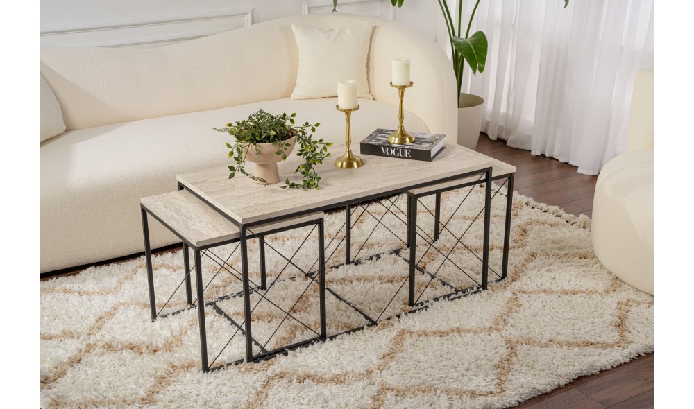 Set masuta de cafea, Defne, Travertin Negru, 100 x 52 x 50 cm