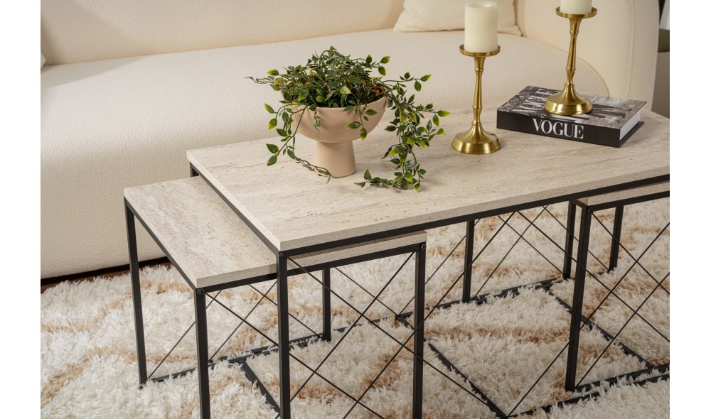 Set masuta de cafea, Defne, Travertin Negru, 100 x 52 x 50 cm