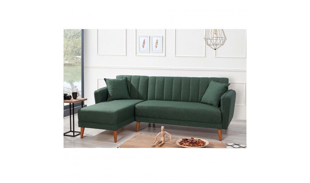 Canapea extensibila de colt, Colt Aqua stanga - Verde inchis, 225 x 85 x 150 cm
