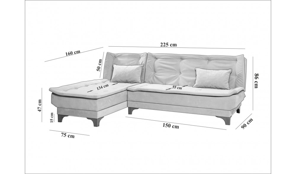 Canapea extensibila de colt, Kelebek Kose Stanga - Albastru inchis, 225 x 86 x 160 cm