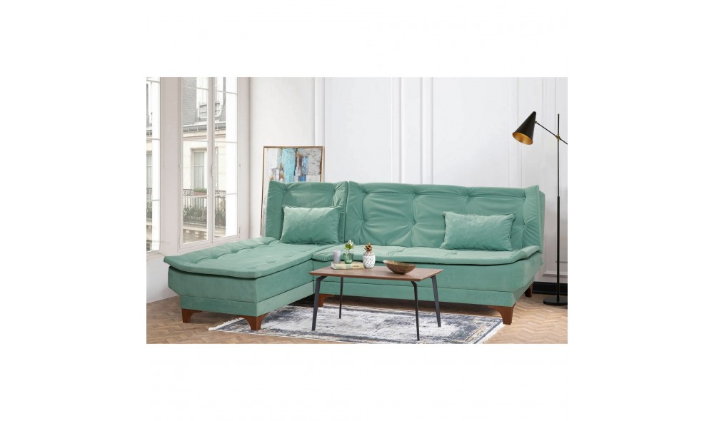 Canapea extensibila de colt, Kelebek Kose Stanga - Sea Green, 225 x 86 x 160 cm