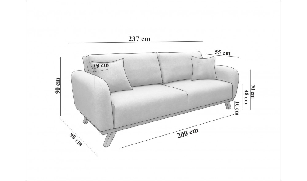 Canapea extensibila cu 3 locuri, Hera - Antracit, 237 x 90 x 98 cm