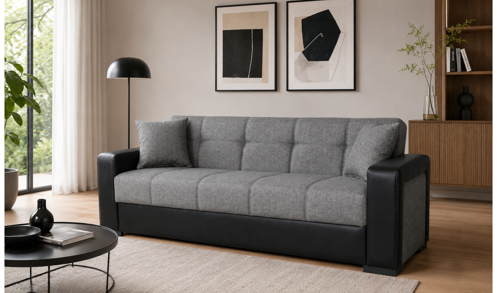 Canapea extensibila, Marmaris, cu lada de depozitare, 215 x 80 x 80 cm, Gri/Negru