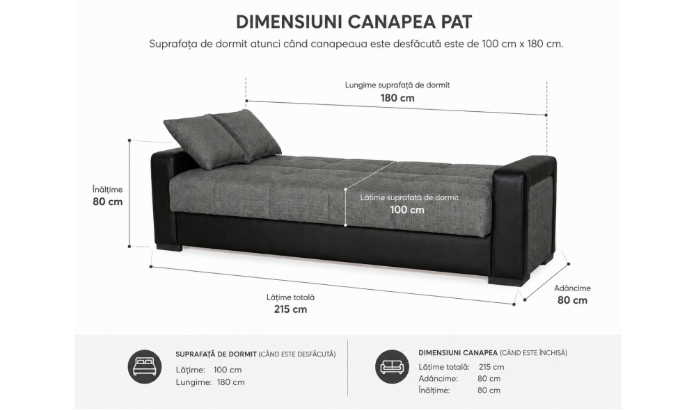 Canapea extensibila, Marmaris, cu lada de depozitare, 215 x 80 x 80 cm, Gri/Negru