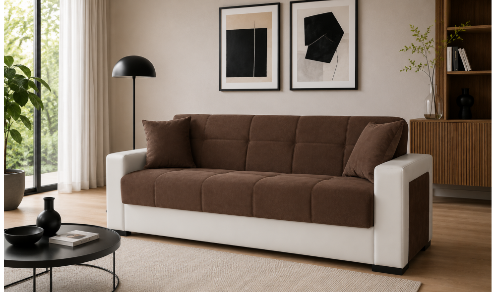 Canapea extensibila, Marmaris, cu lada de depozitare, 215 x 80 x 80 cm, Maro/Alb