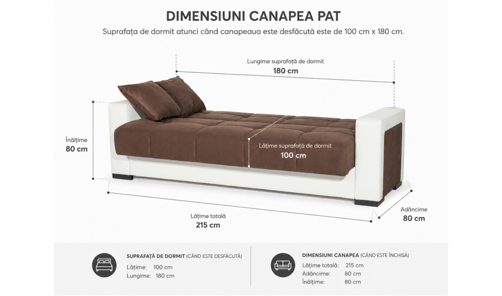 Canapea extensibila, Marmaris, cu lada de depozitare, 215 x 80 x 80 cm, Maro/Alb