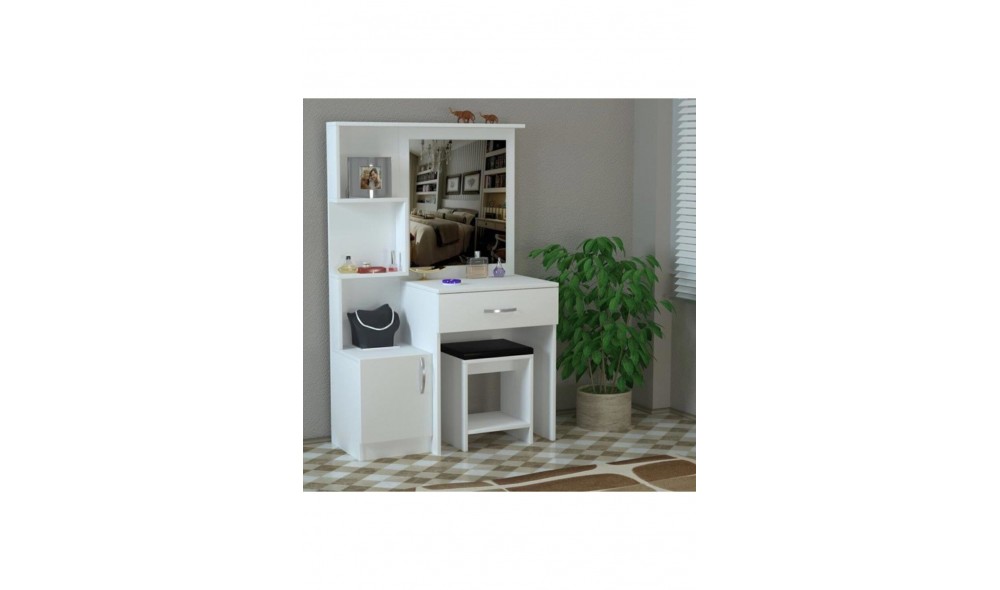 Masa de machiaj, Novella, cu oglinda, cu pouf, 94 x 37 x 146 cm, Alb