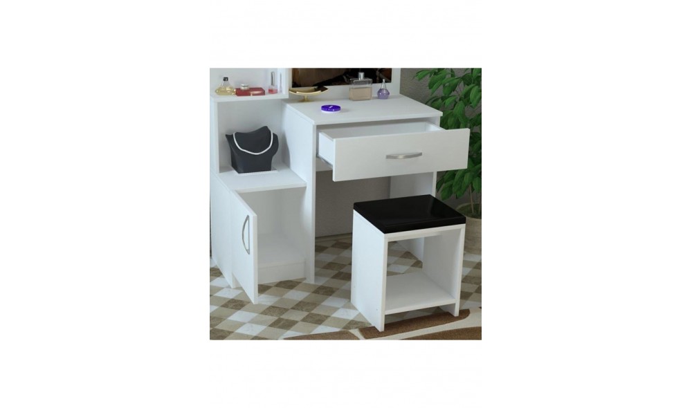 Masa de machiaj, Novella, cu oglinda, cu pouf, 94 x 37 x 146 cm, Alb