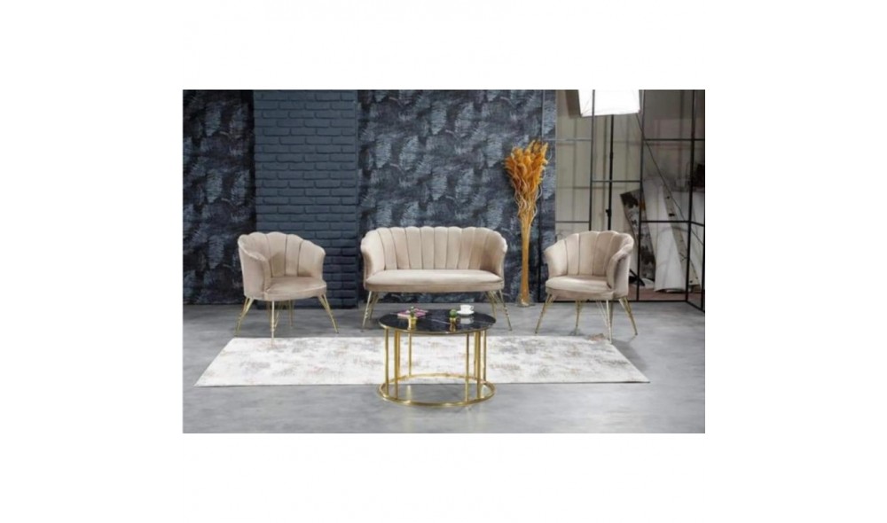 Set Canapea cu doua fotolii cafea, Margareta, Bej, 130 x 75 x 75 cm