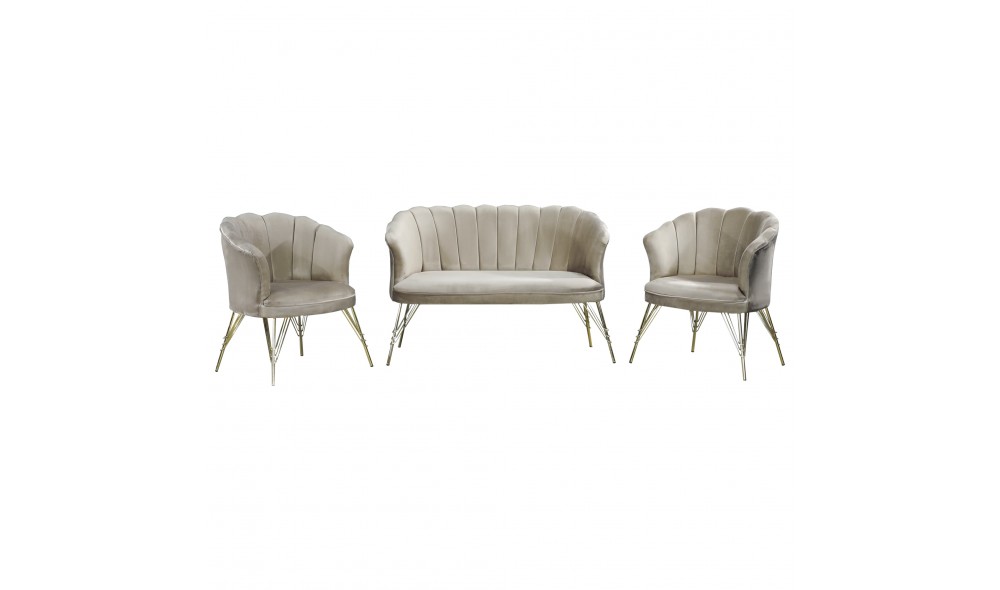 Set Canapea cu doua fotolii cafea, Margareta, Bej, 130 x 75 x 75 cm