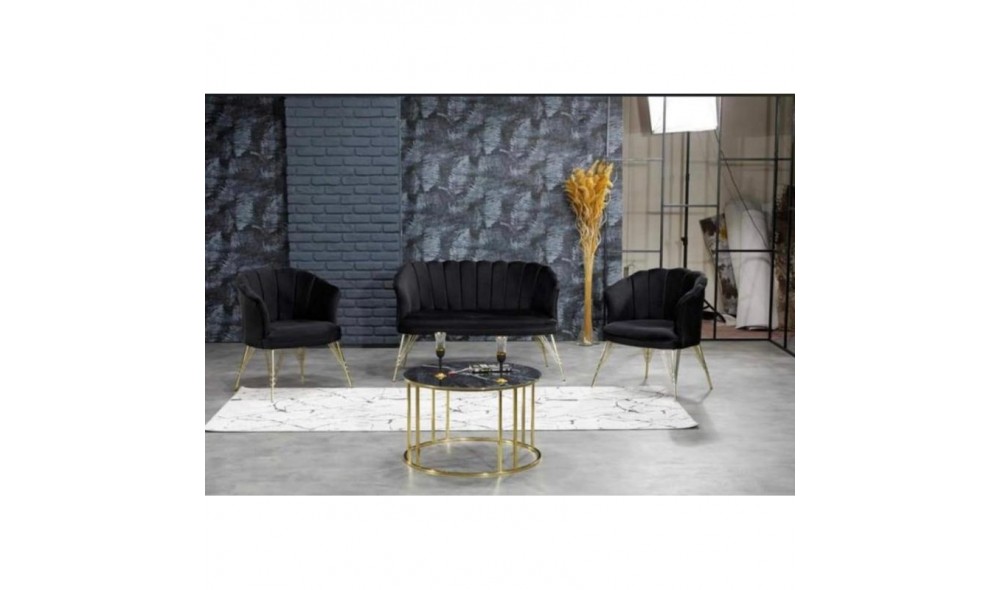 Set Canapea cu doua fotolii cafea, Margareta, Negru, 130 x 75 x 75 cm