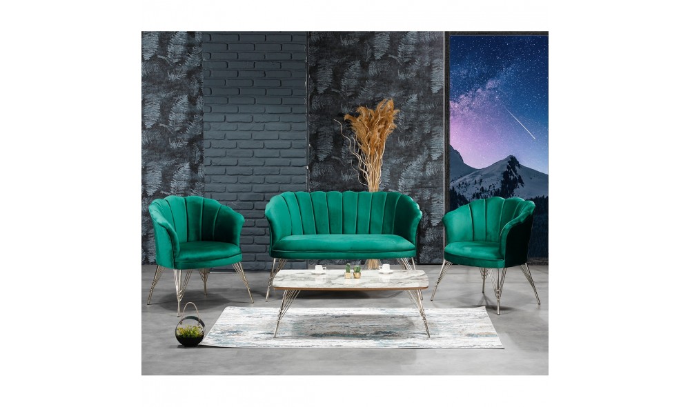 Set Canapea cu doua fotolii cafea, Margareta, Verde, 130 x 75 x 75 cm