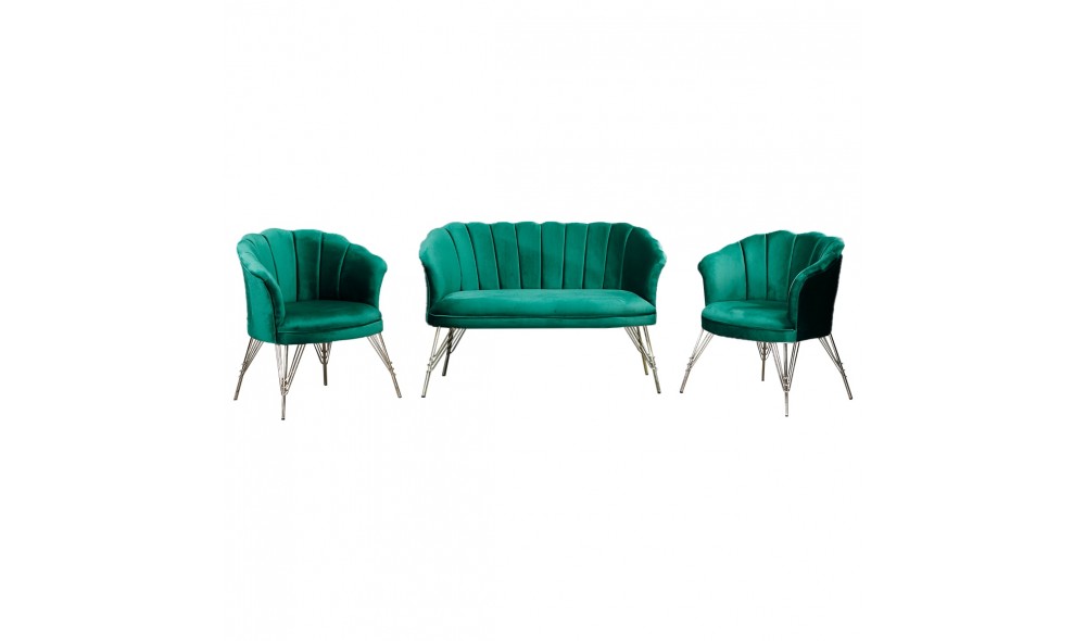 Set Canapea cu doua fotolii cafea, Margareta, Verde, 130 x 75 x 75 cm