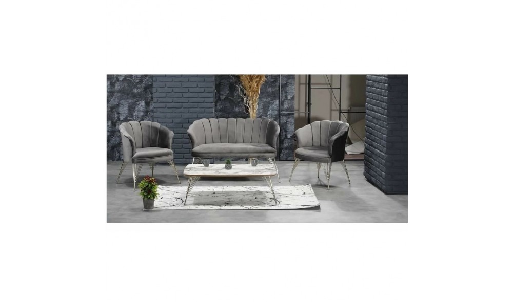 Set Canapea cu doua fotolii cafea, Margareta, Gri, 130 x 75 x 75 cm