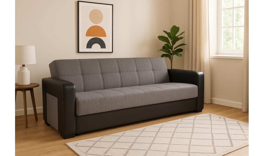 Canapea extensibila, Meda, cu lada de depozitare, 215 x 80 x 80 cm, Gri/Negru Canapea extensibila, Meda, cu lada de depozitare, 215 x 80 x 80 cm, Gri/Negru
